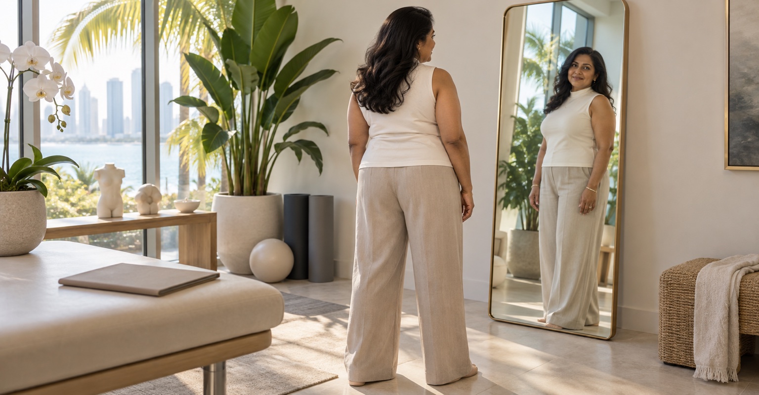 Adult woman considering combined aesthetic procedures in a Miami recovery studio