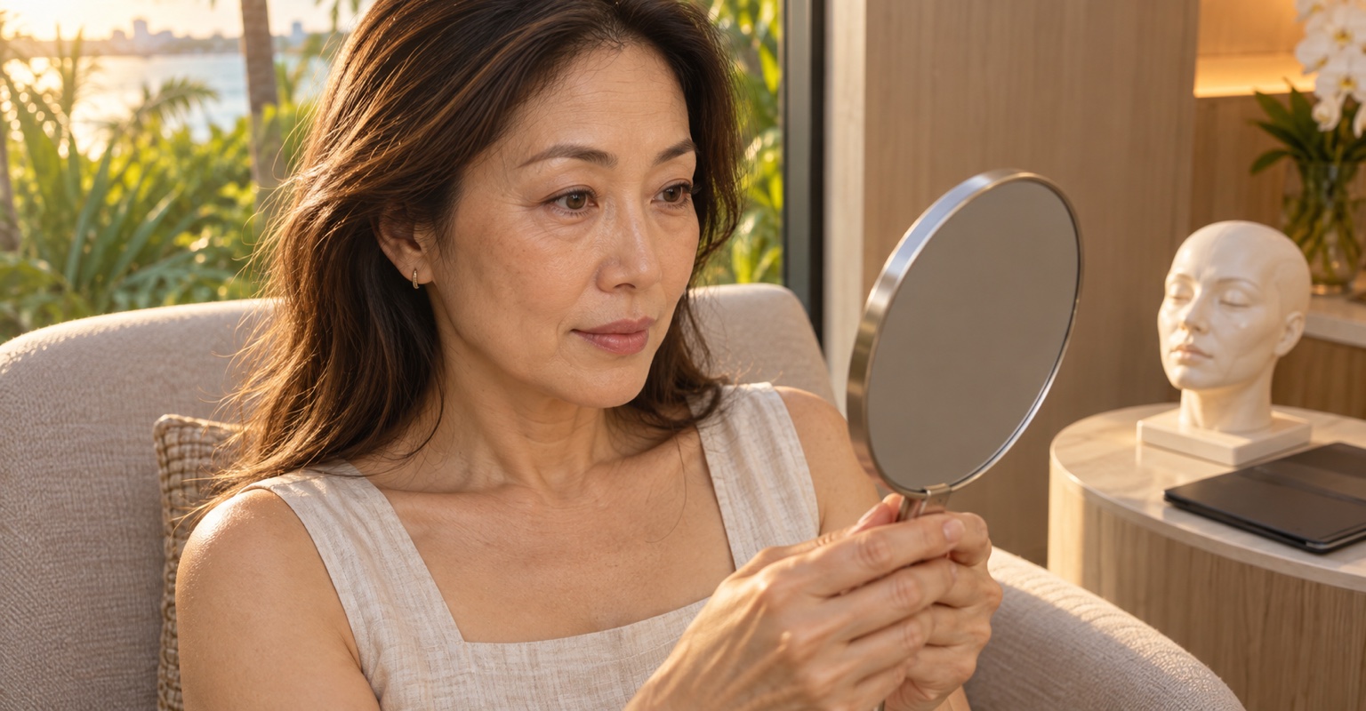 Adult woman considering eyelid and under-eye surgery in a private Miami consultation alcove