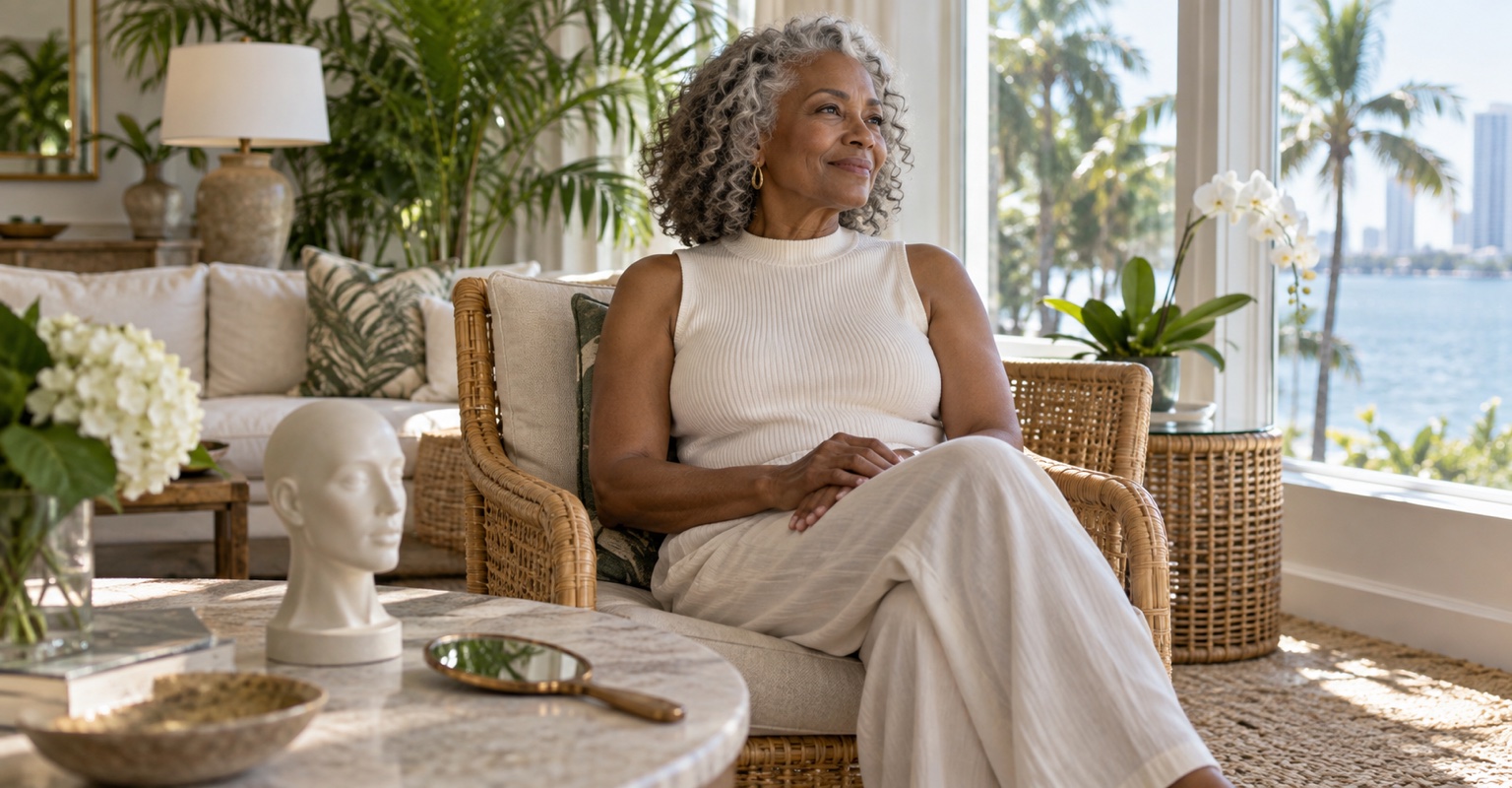 Adult woman considering facial rejuvenation and fat grafting in a tropical Miami sunroom