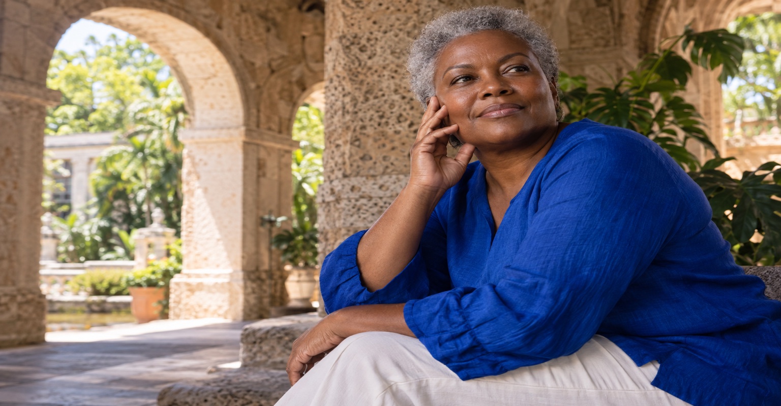 Mature Black woman considering cheek contour in a shaded Miami garden arcade