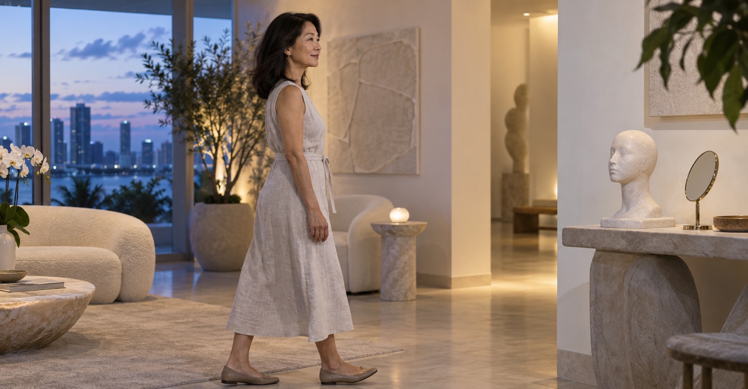 Adult woman considering neck lift in a Design District wellness studio