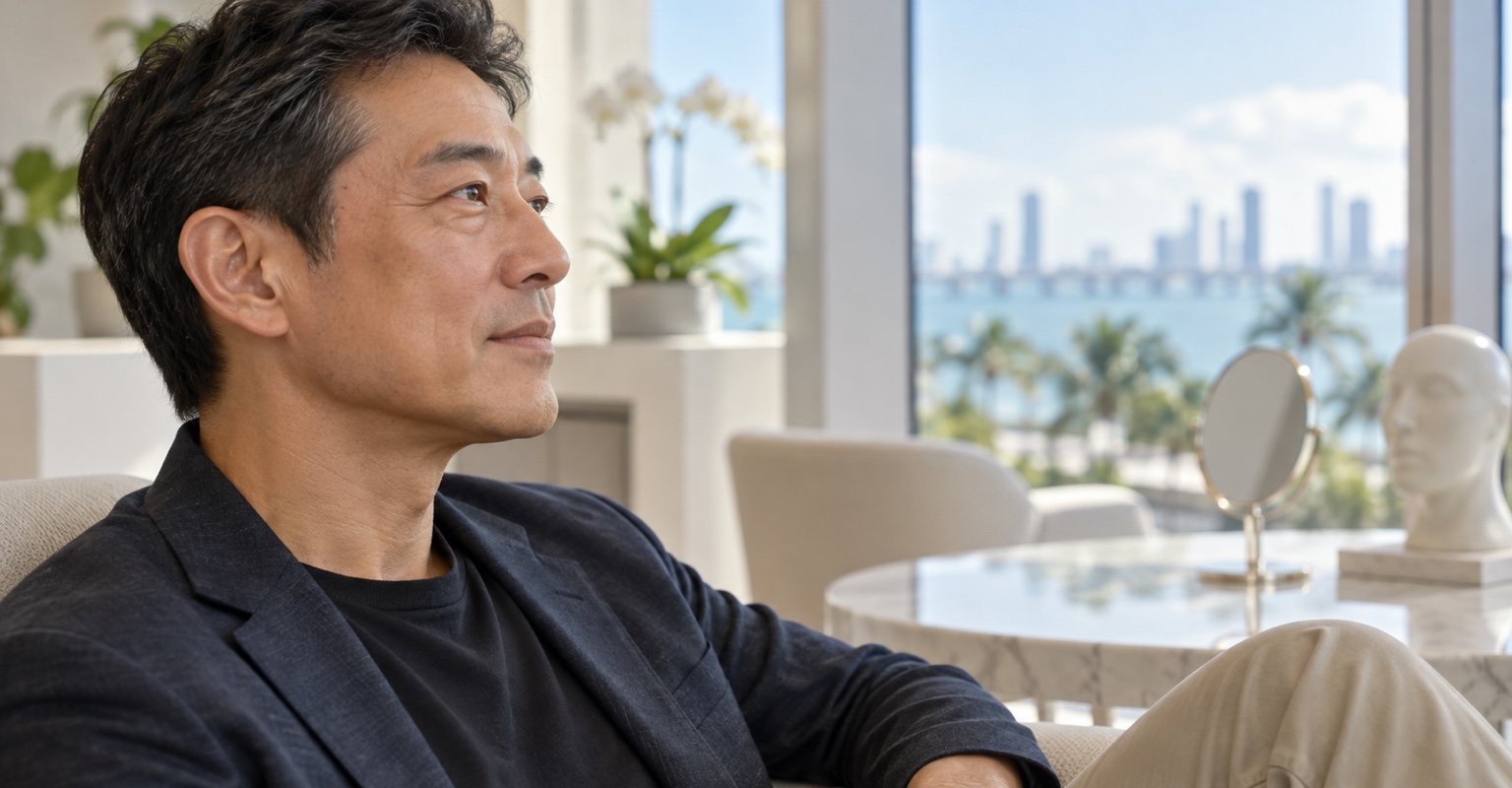 Adult man considering eyelid and under-eye surgery in a Miami consultation suite