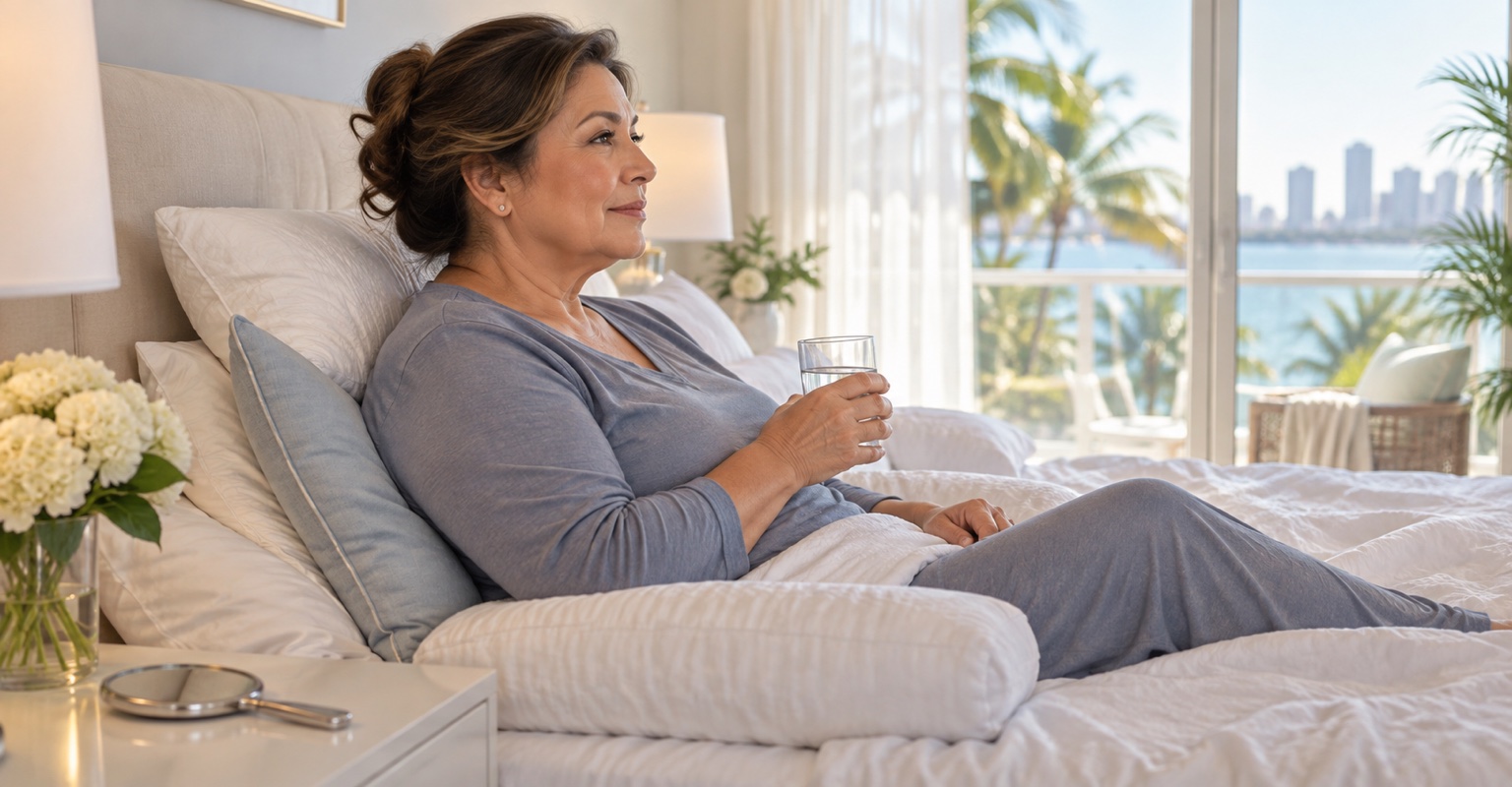 Adult woman following a recovery routine after combined face, neck, and eyelid surgery in a Miami recovery bedroom