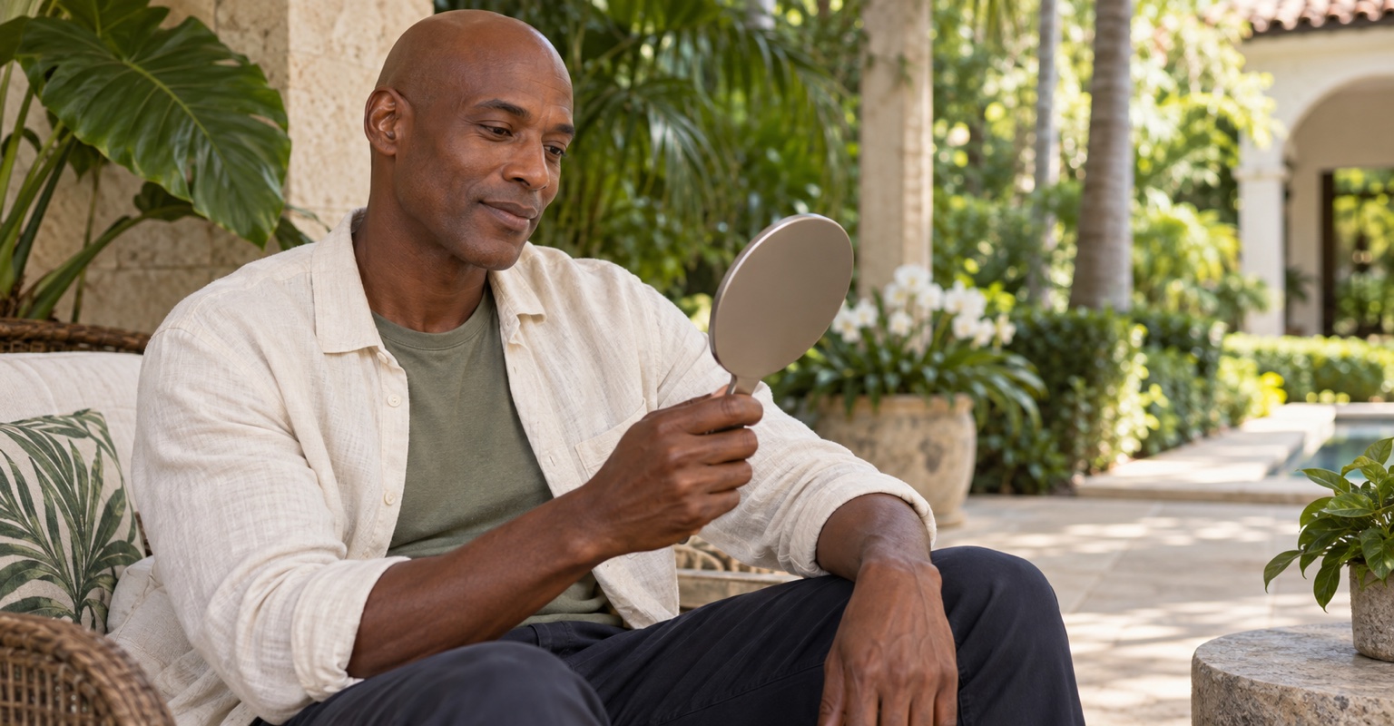 Adult man considering facial rejuvenation and fat grafting on a Coral Gables garden patio