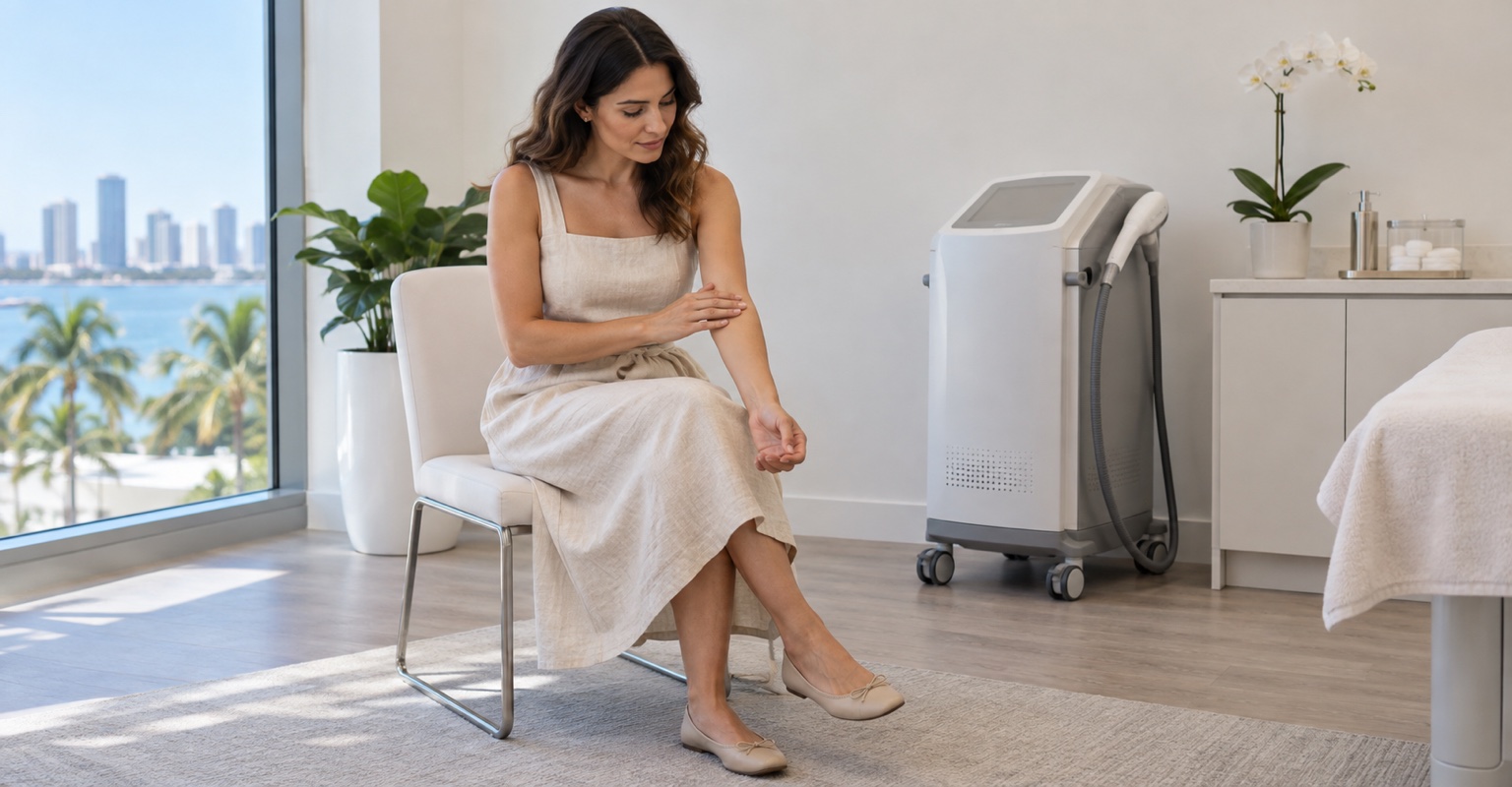 Adult woman considering laser hair removal in a minimal Miami wellness room