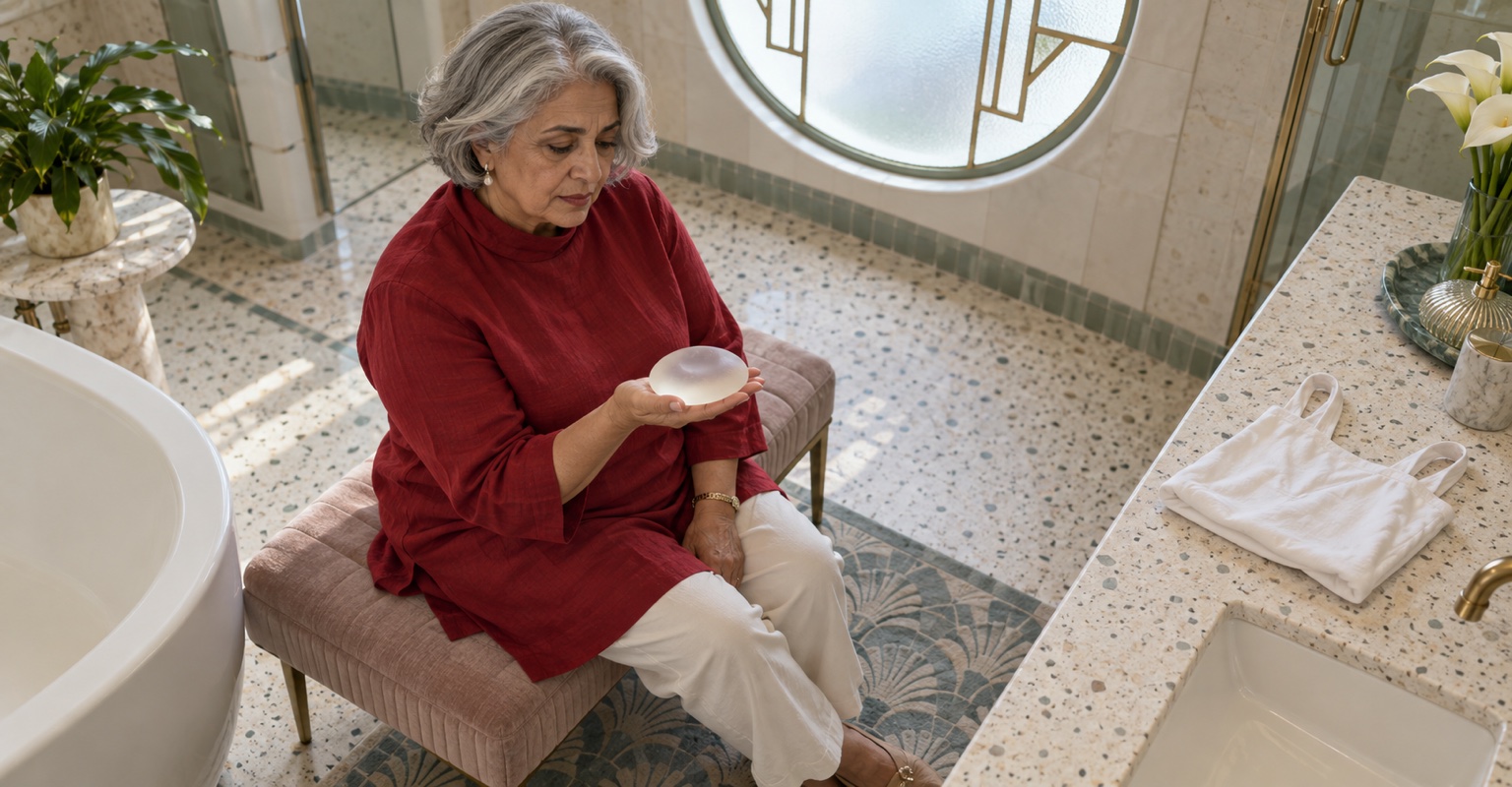 Mature Middle Eastern woman reviewing an implant sample in a Miami Art Deco bathroom