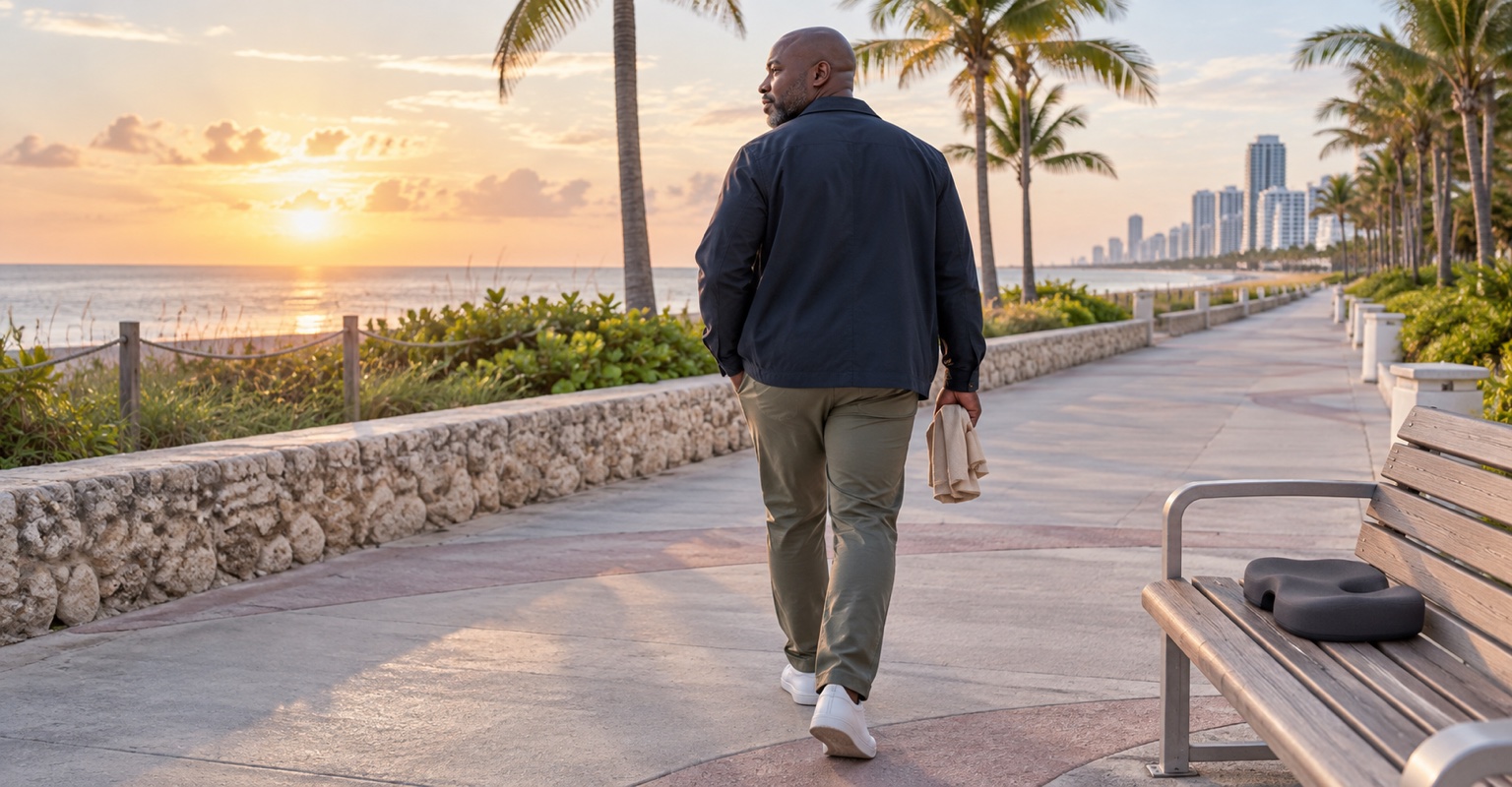 Adult man considering realistic outcomes for gluteal contouring on the South Beach boardwalk