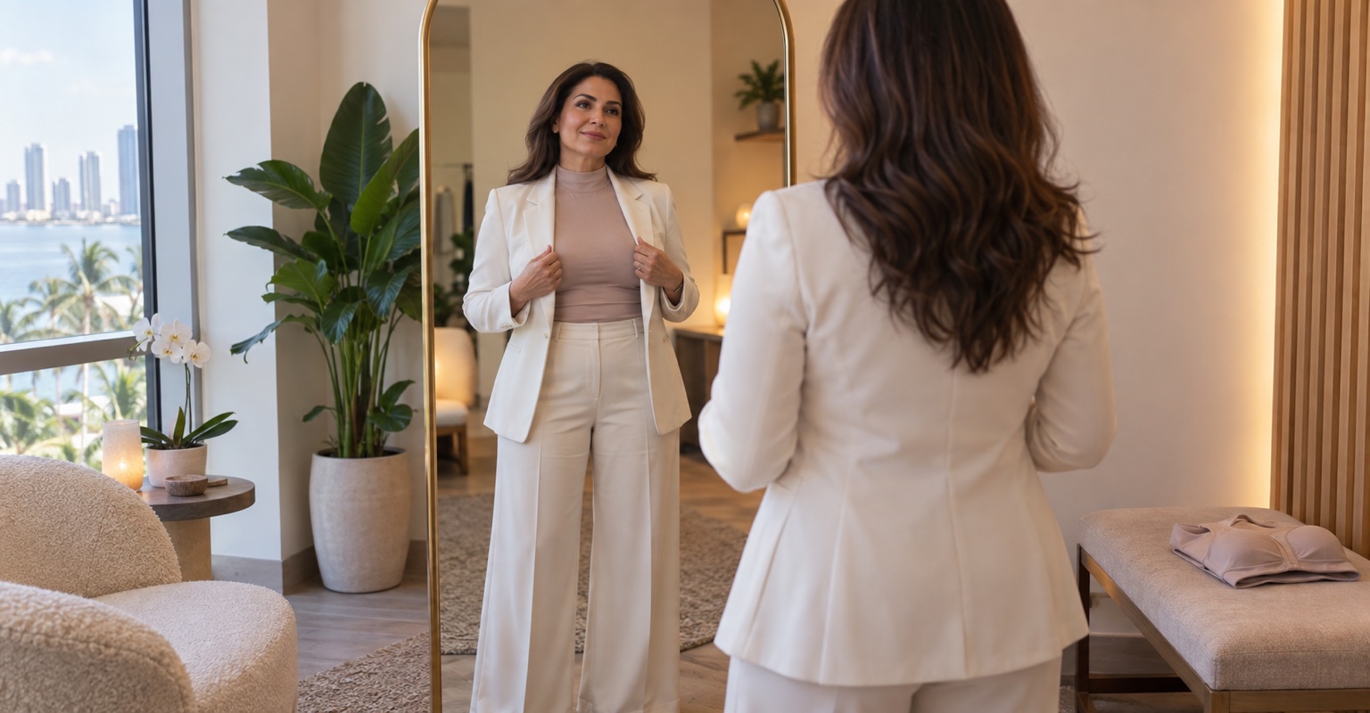 Adult woman considering breast reduction in a Miami wellness studio