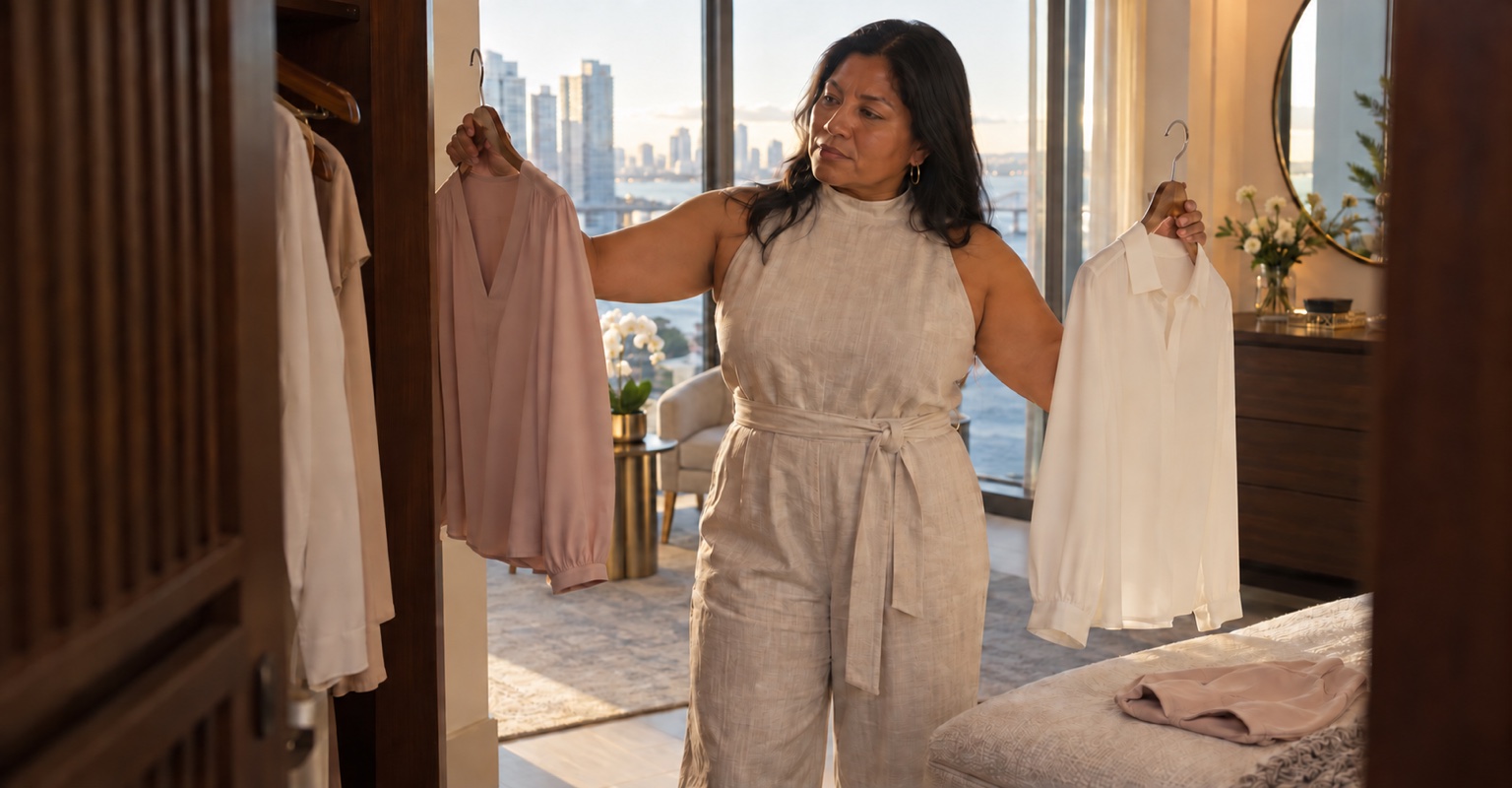 Adult woman considering breast lift and shape correction in a Brickell dressing area