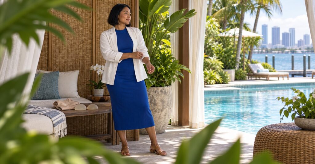 Southeast Asian woman in a blue dress relaxing in a private Miami poolside cabana