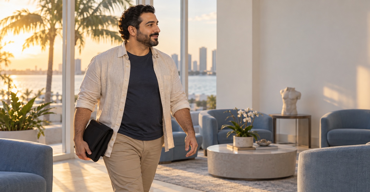 Adult man considering gynecomastia treatment in a Miami recovery lounge