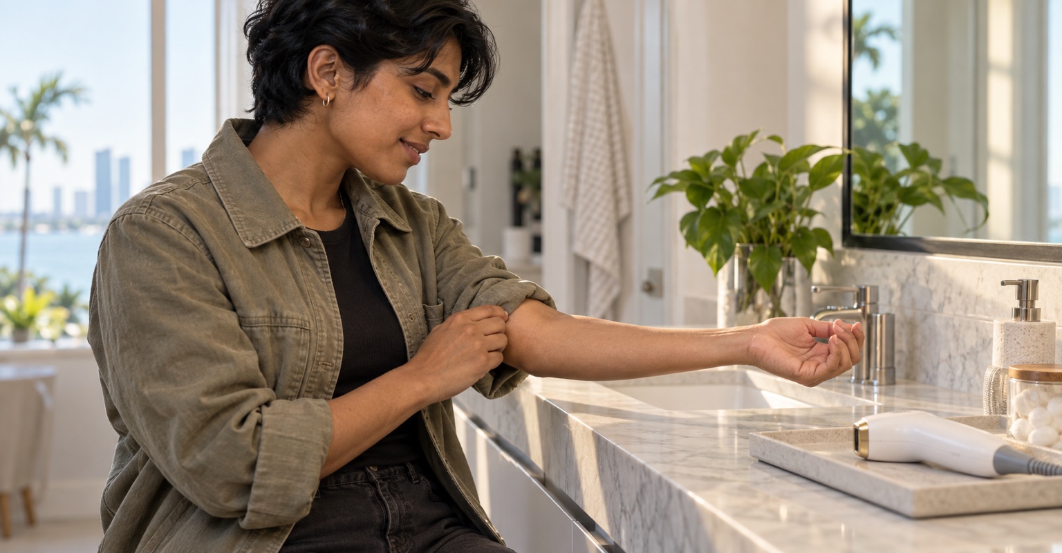 Nonbinary adult considering laser hair removal in a Miami home vanity