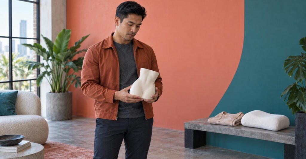 Adult man learning about liposuction and body contouring in a Wynwood-style loft