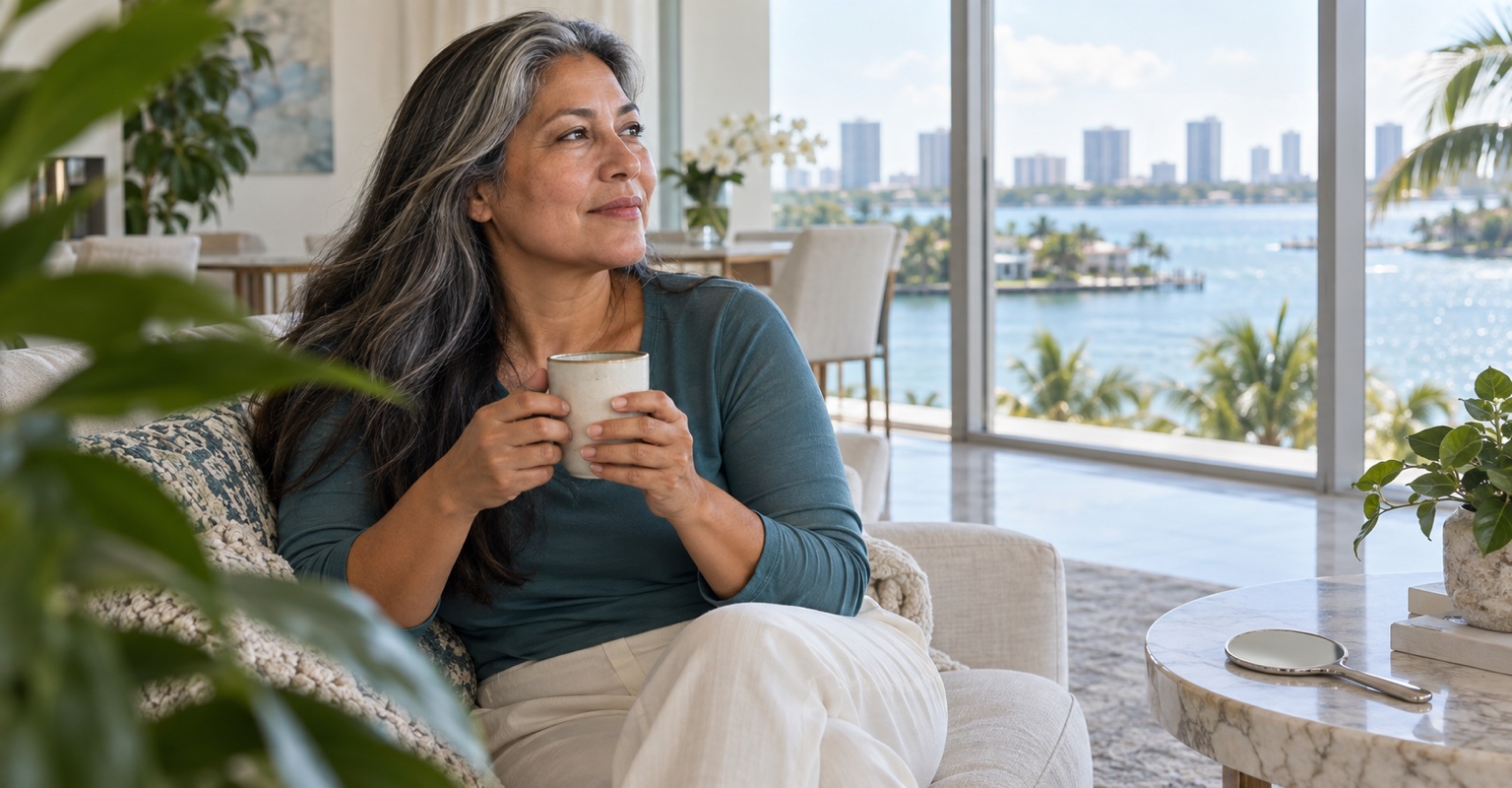 Adult woman considering facelift in a Bay Harbor apartment