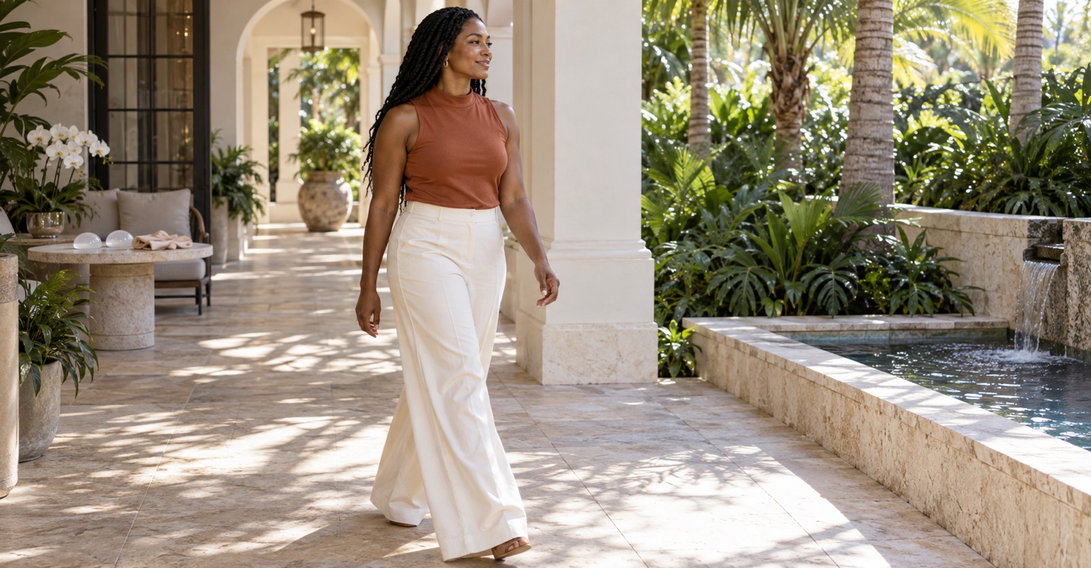 Adult woman considering breast augmentation on a tropical Miami walkway