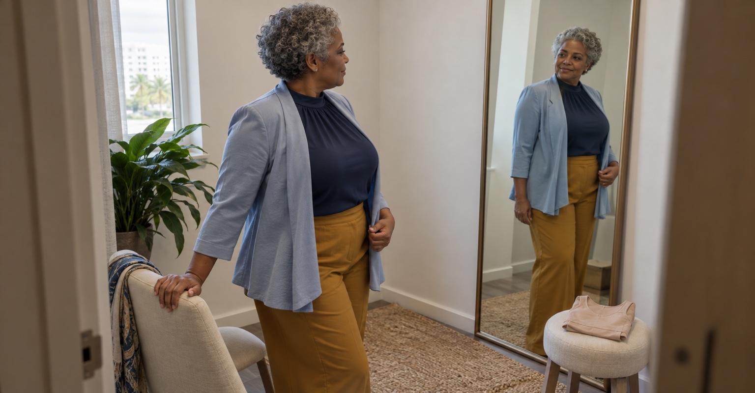 Mature Haitian-Cuban woman checking the fit of a jacket in a Miami fitting room