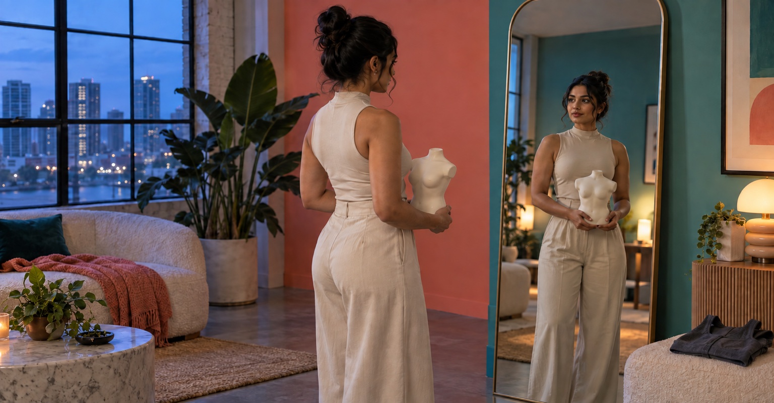 Adult woman considering breast reduction in a Wynwood-style loft