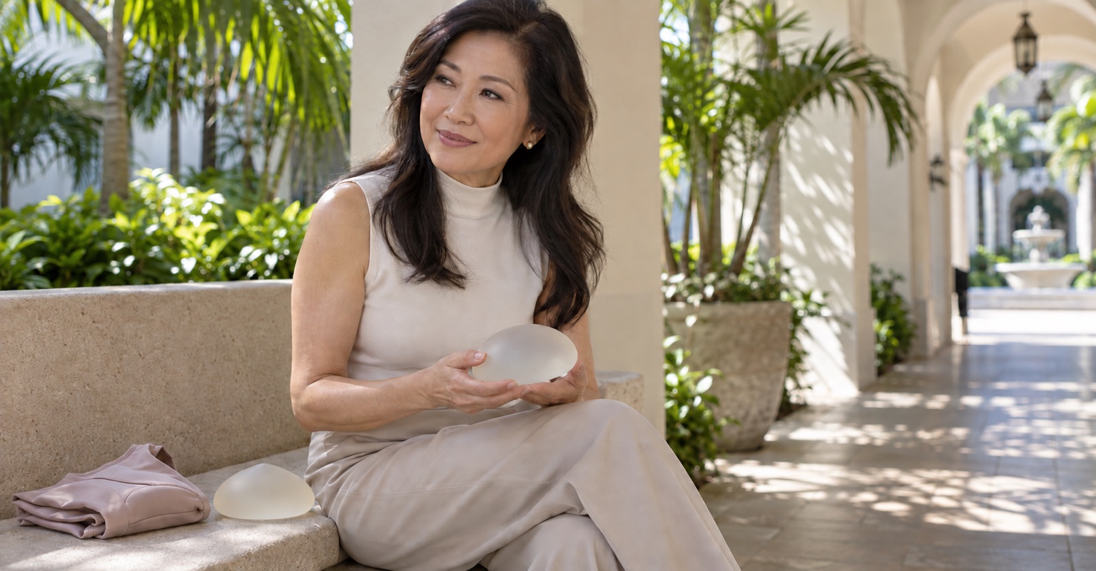 Adult woman learning about breast augmentation on a tropical Miami walkway