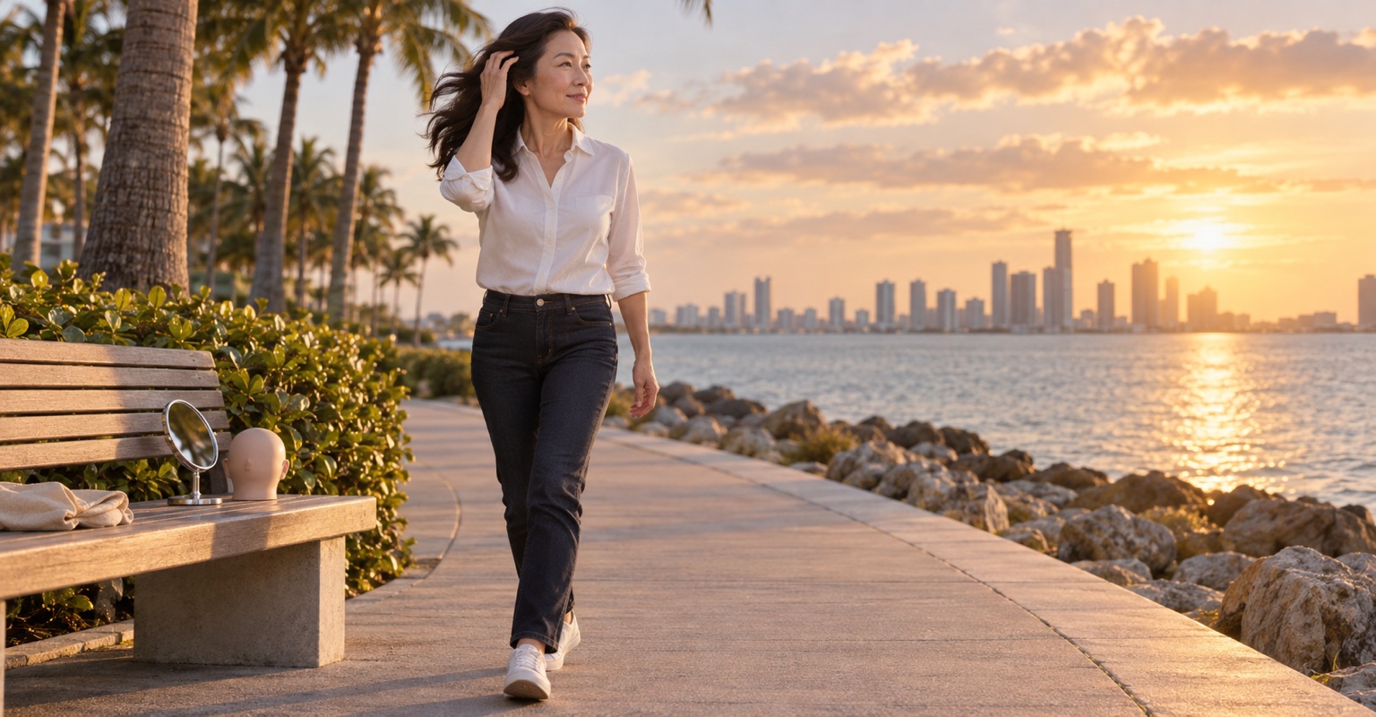 Adult woman considering hair restoration on an oceanfront Miami promenade