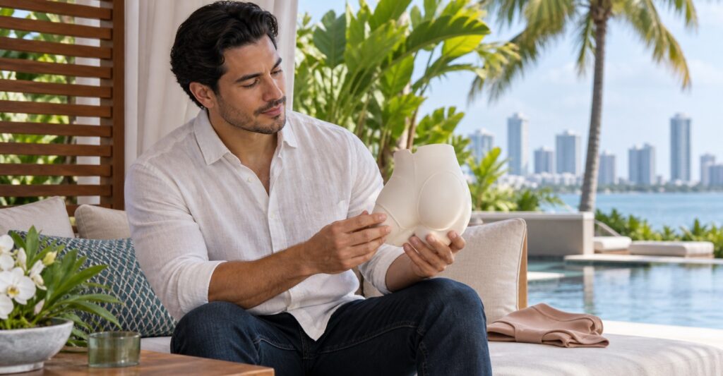 Adult man considering gluteal contouring in a Miami poolside cabana