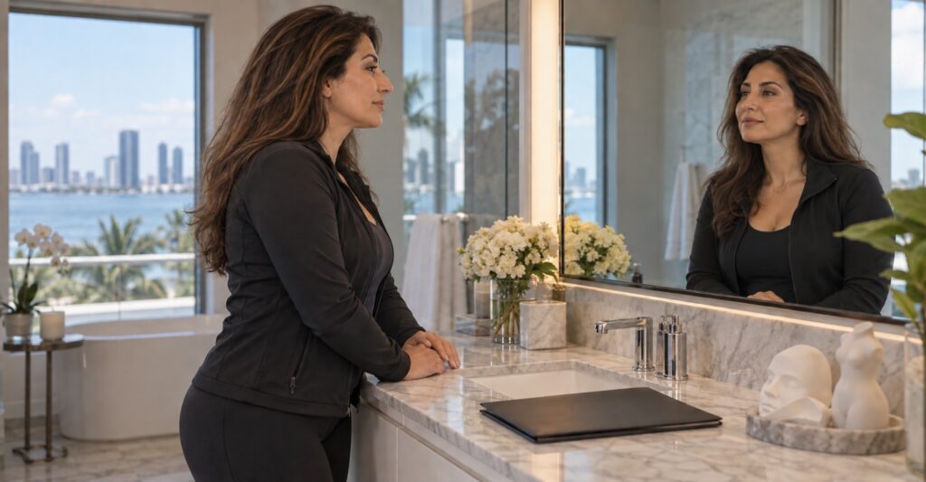 Adult woman considering plastic-surgery consultation and procedure planning in a Miami home vanity