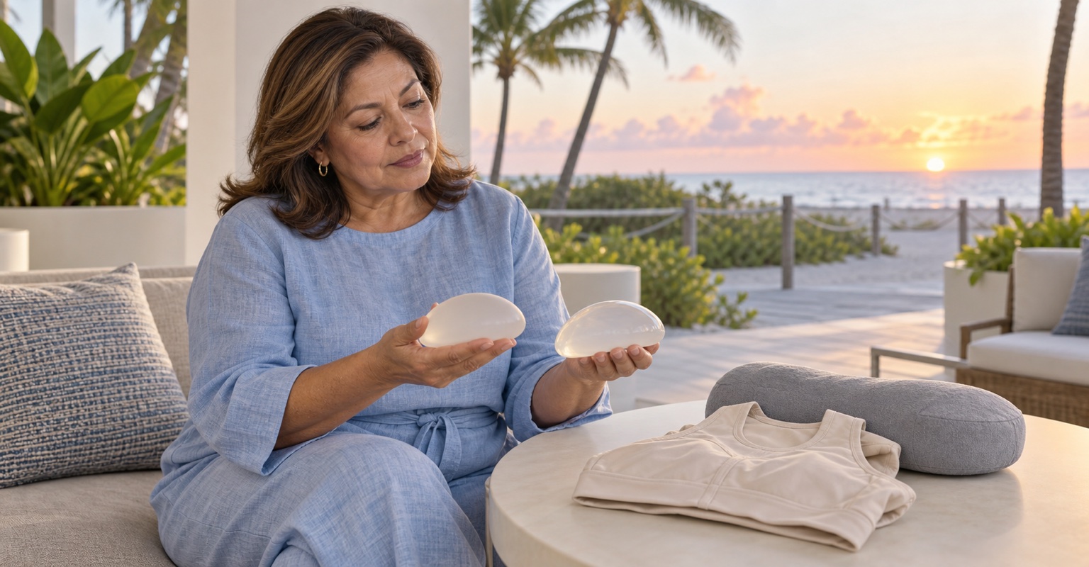 Adult woman considering breast augmentation on the South Beach boardwalk