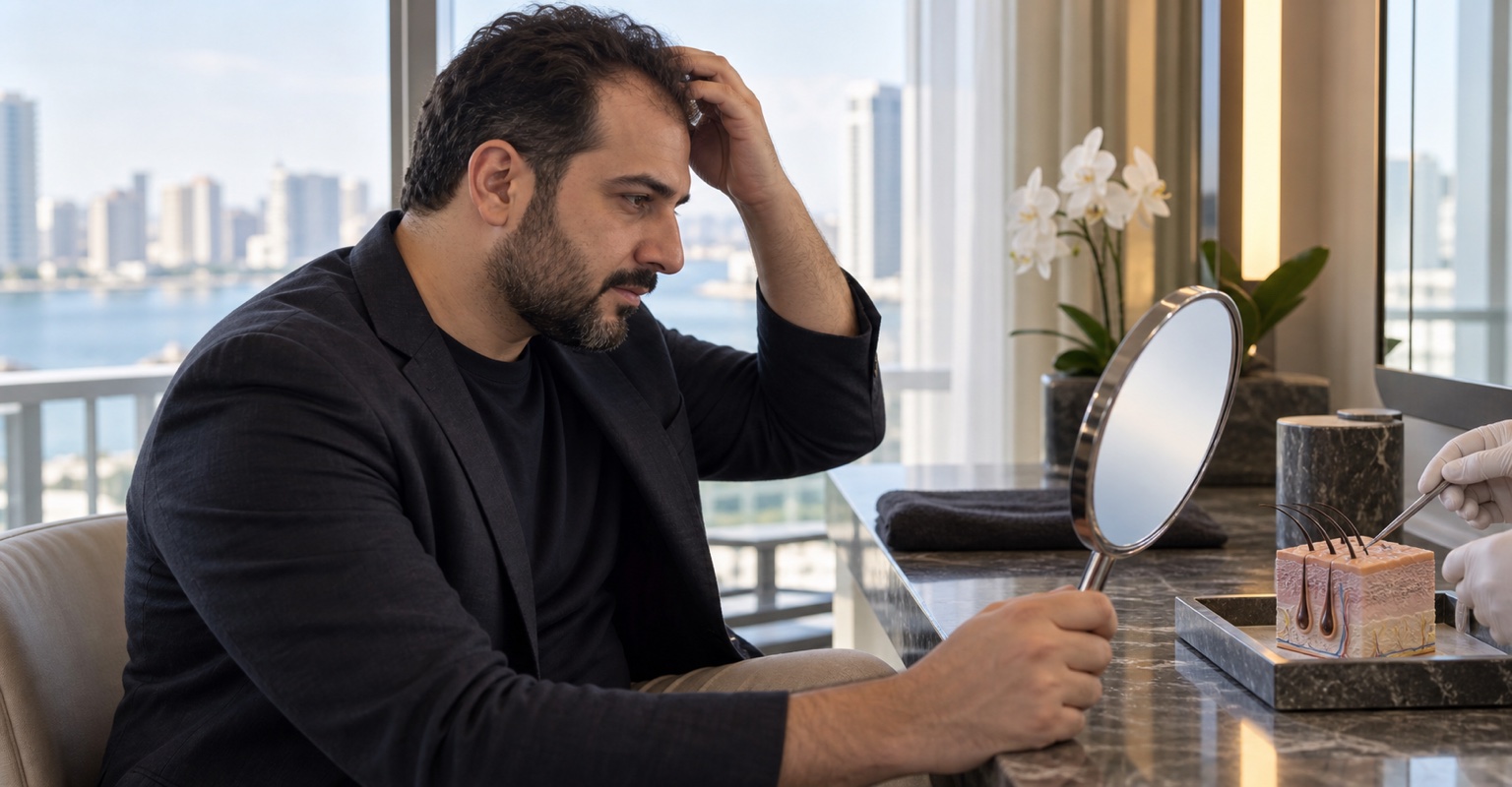 Adult man considering hair restoration in a Brickell dressing area
