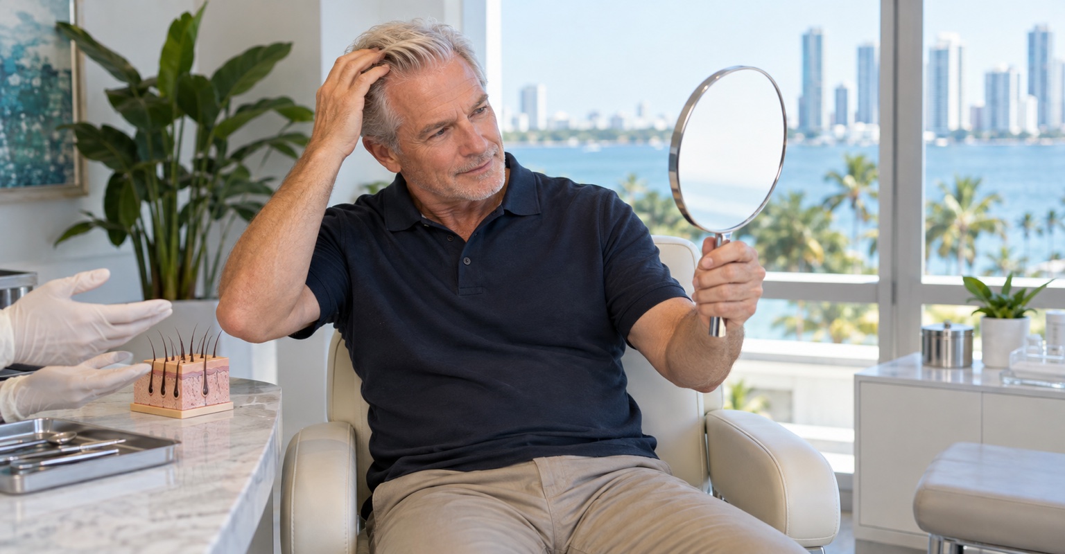 Adult man considering hair restoration in a bright Miami consultation studio