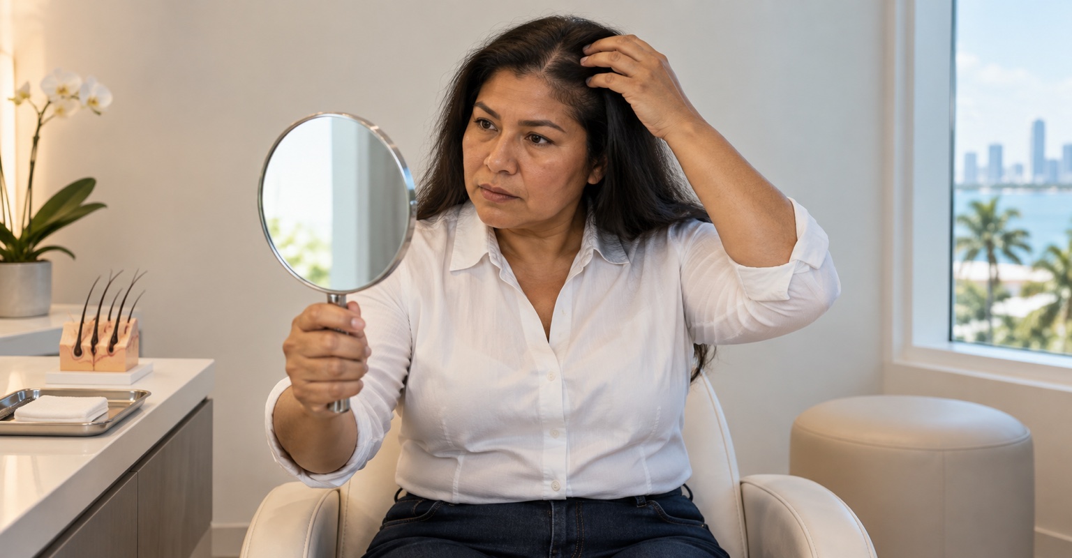 Adult woman considering hair restoration in a minimal Miami wellness room