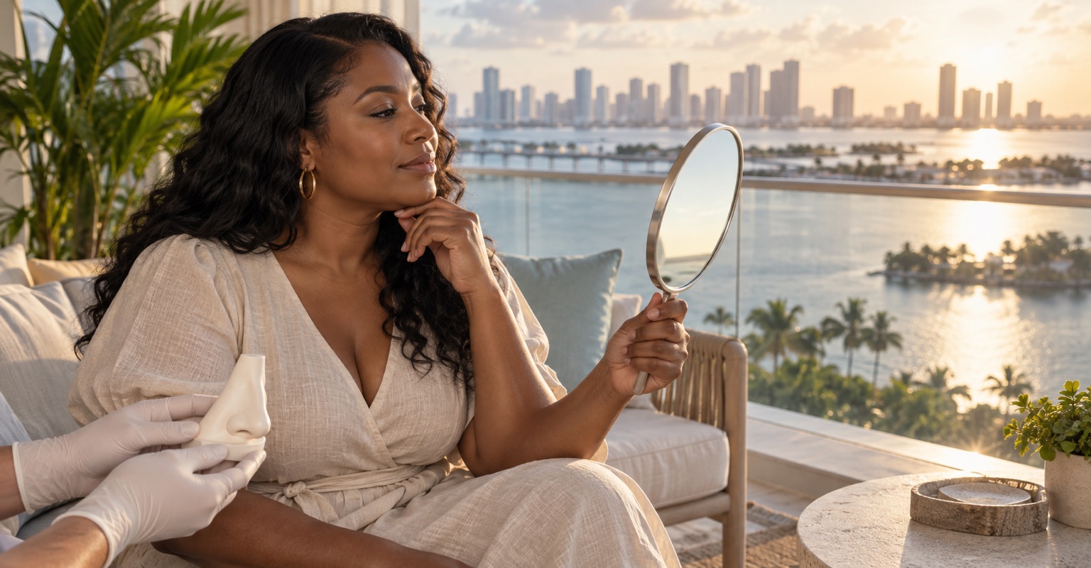 Adult woman considering rhinoplasty and nasal surgery on a Biscayne Bay balcony