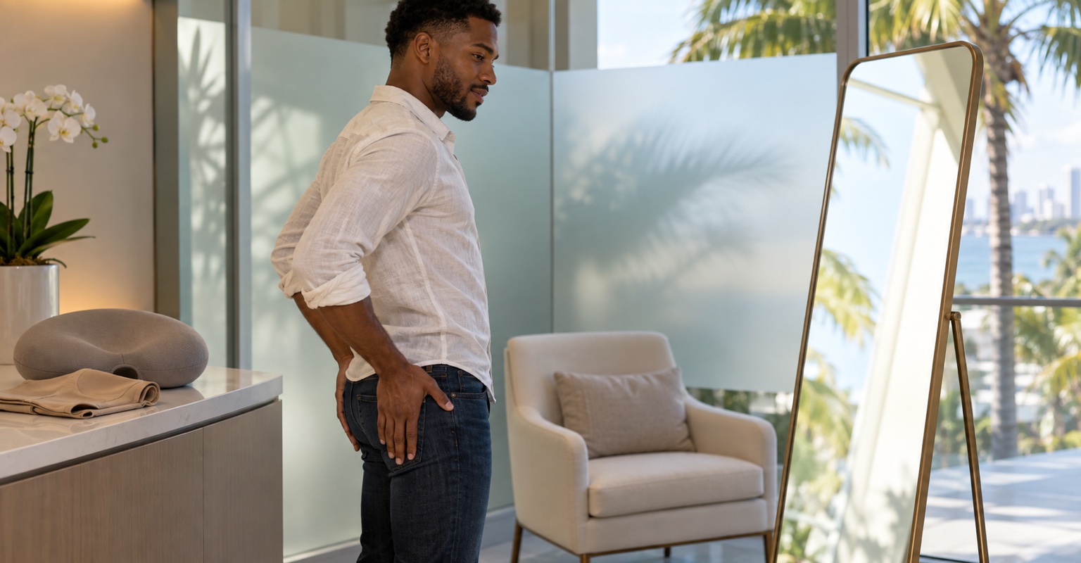 Adult man considering gluteal contouring in a Miami consultation suite