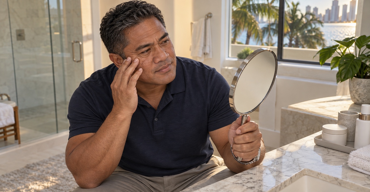 Adult man considering direct wrinkle excision in a Miami home vanity