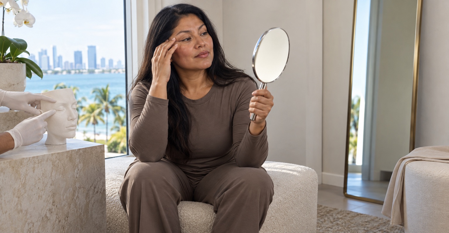 Adult woman considering eyelid and under-eye surgery in a Miami fitting room