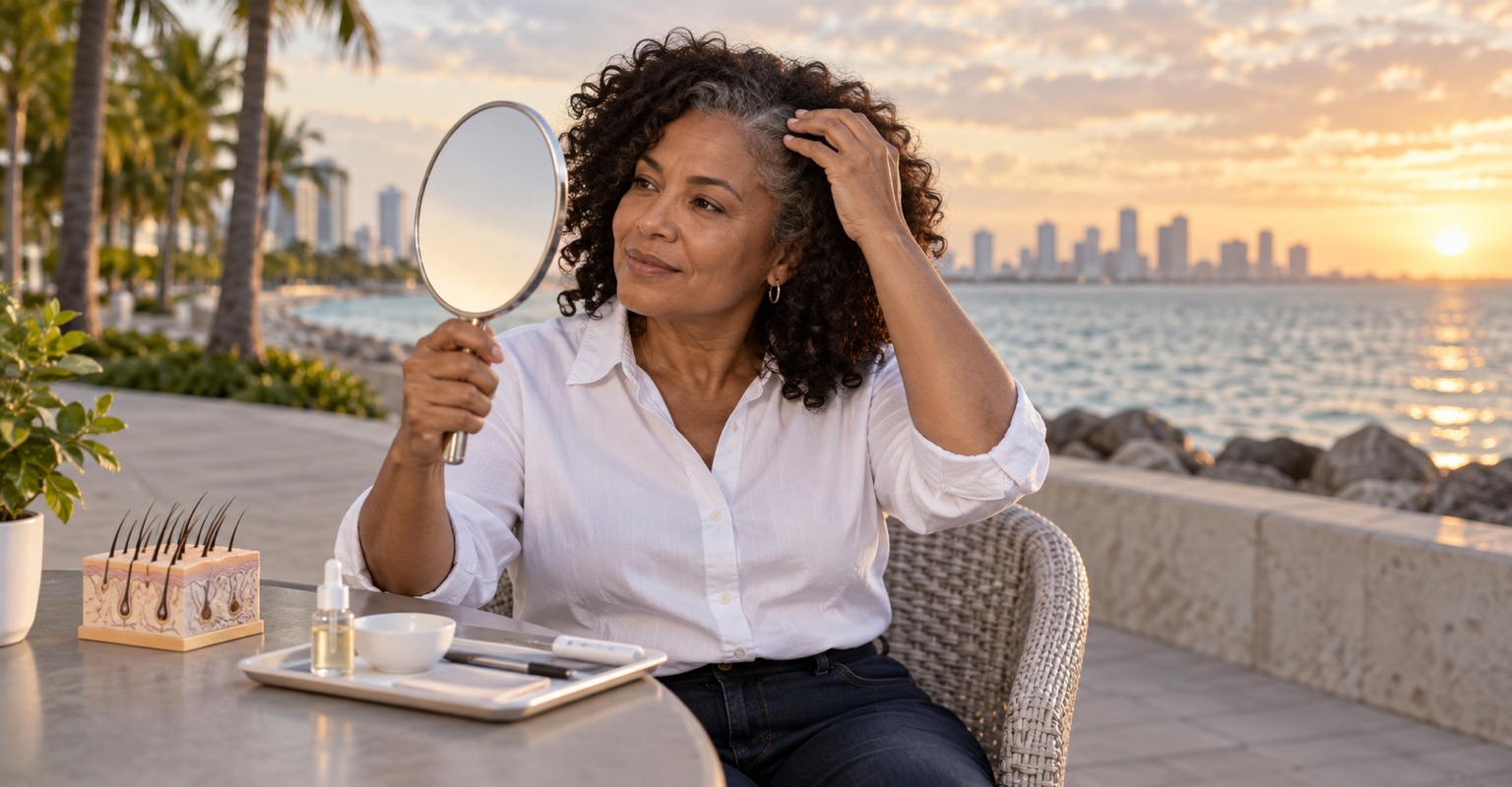Adult woman considering regenerative hair-loss treatment on an oceanfront Miami promenade