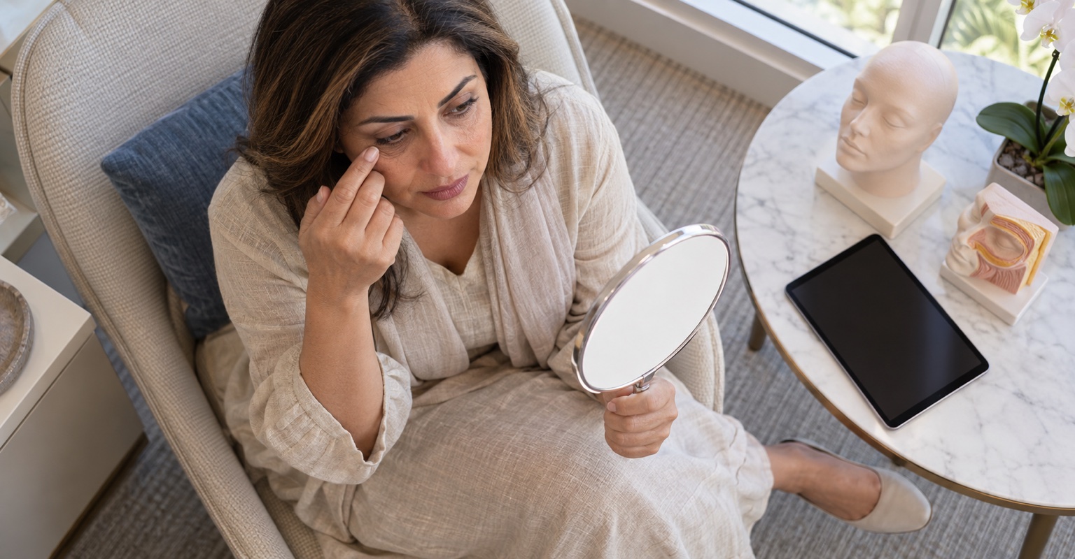 Adult woman considering eyelid and under-eye surgery in a private Miami consultation alcove