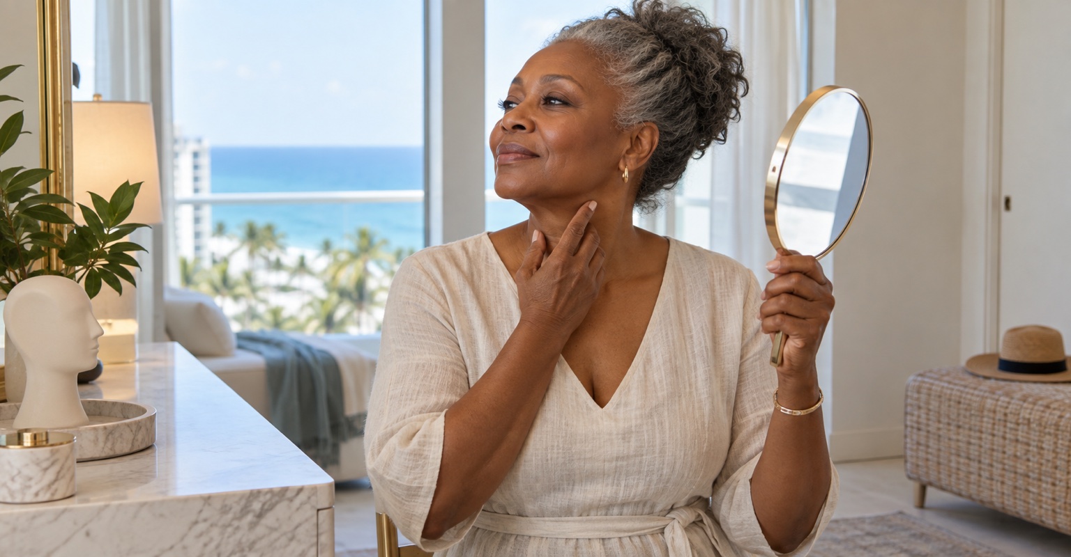 Adult woman considering neck lift in a Miami Beach dressing area