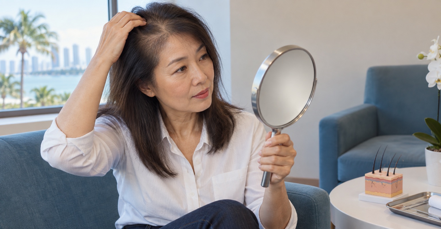 Adult woman considering hair restoration in a Miami recovery lounge