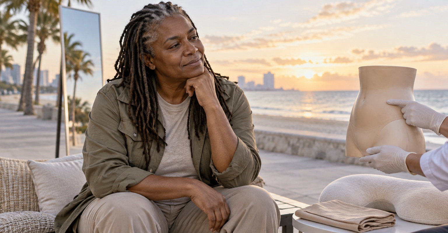 Nonbinary adult learning about tummy tuck on the South Beach boardwalk