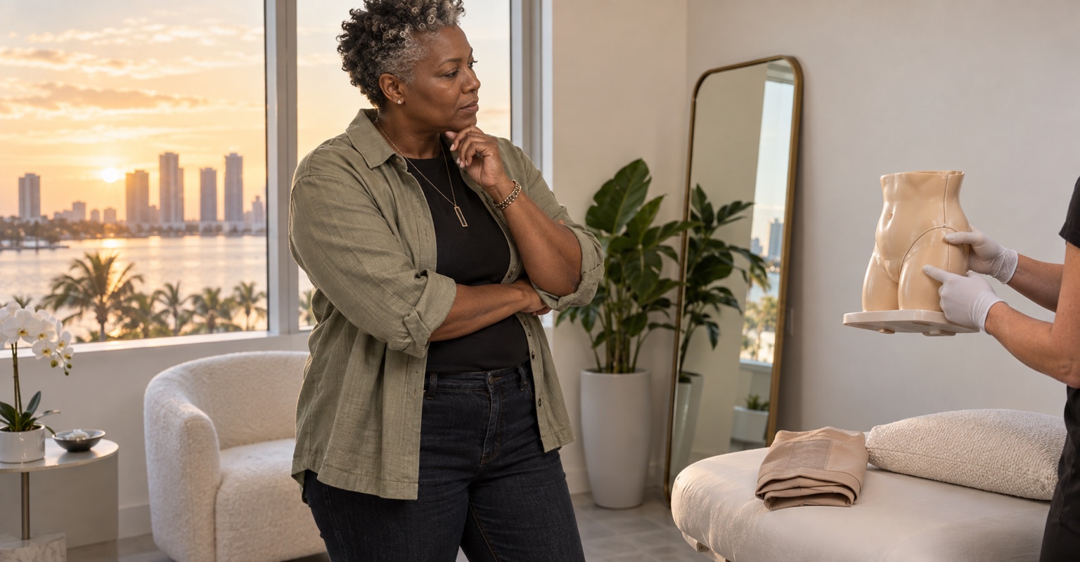 Nonbinary adult learning about liposuction and body contouring in a minimal Miami wellness room