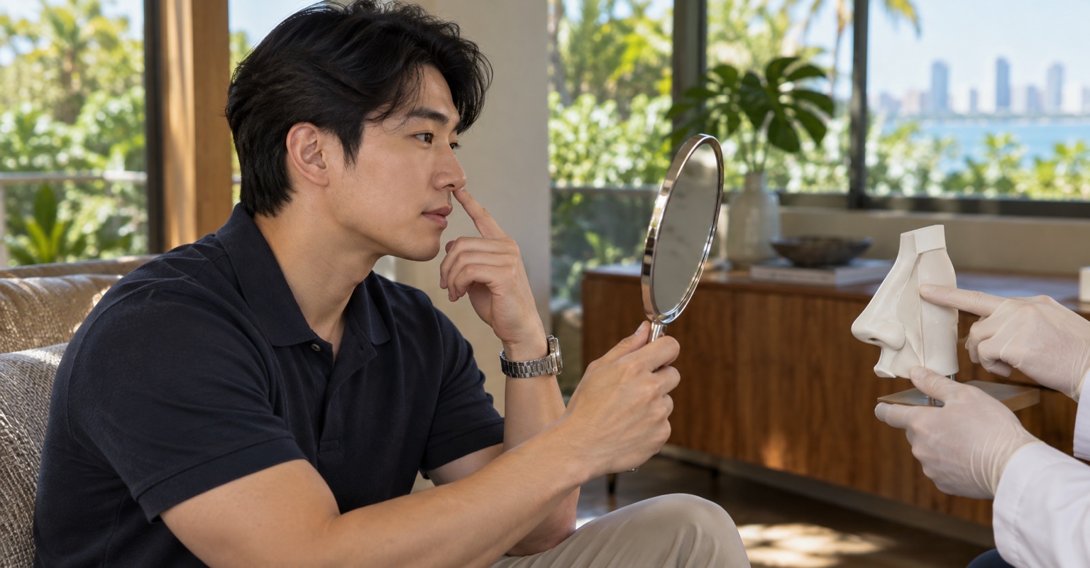 Adult man learning about rhinoplasty and nasal surgery in a Coconut Grove loft