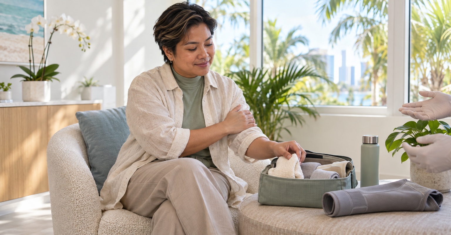 Nonbinary adult preparing for arm lift in a bright Miami consultation studio