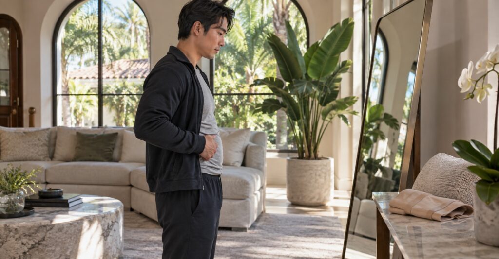 Adult man considering tummy tuck in a Coral Gables living room