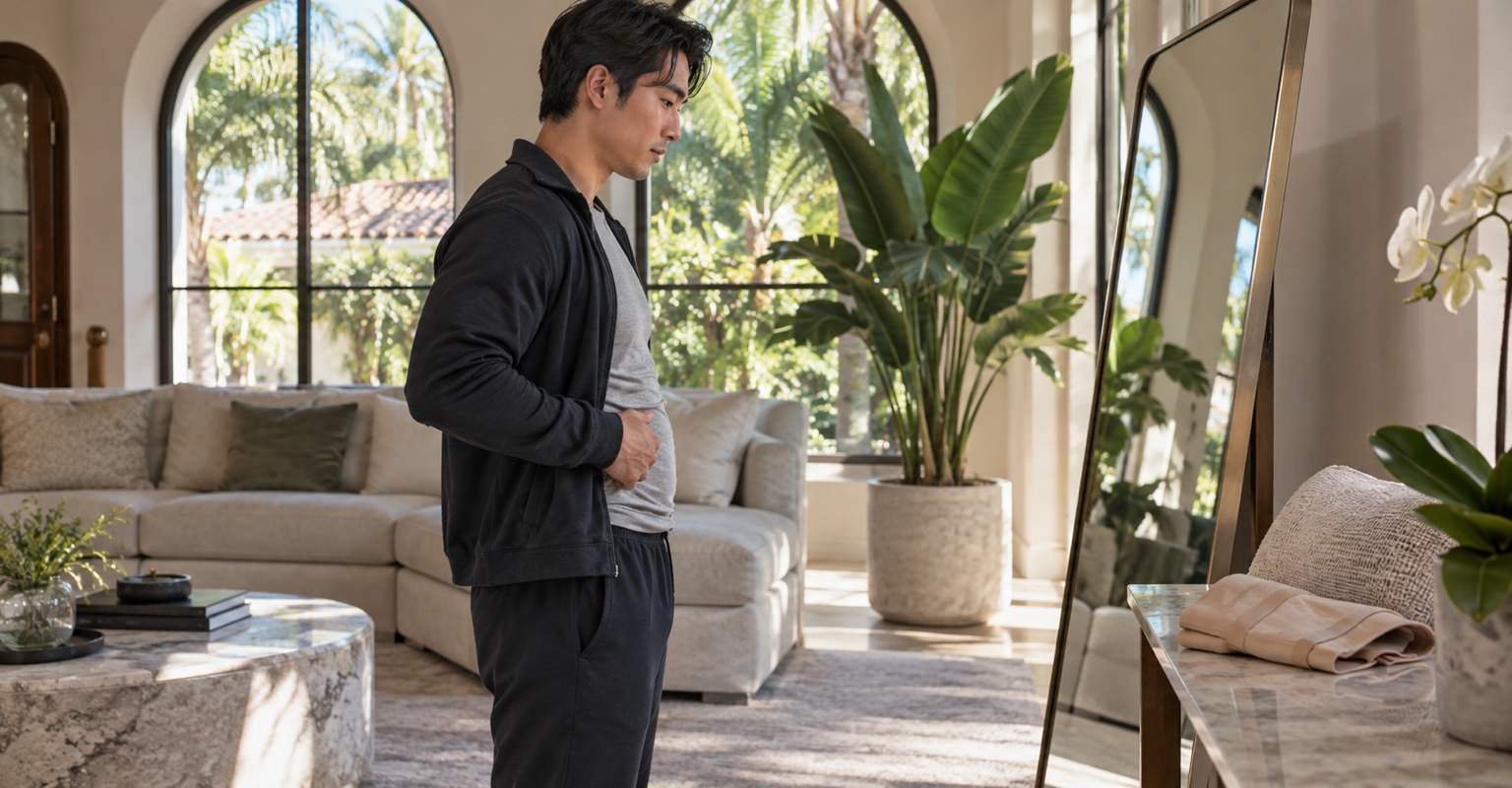 Adult man considering tummy tuck in a Coral Gables living room
