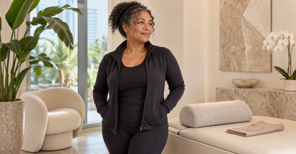 Adult woman considering realistic outcomes for gluteal contouring in a Design District wellness studio