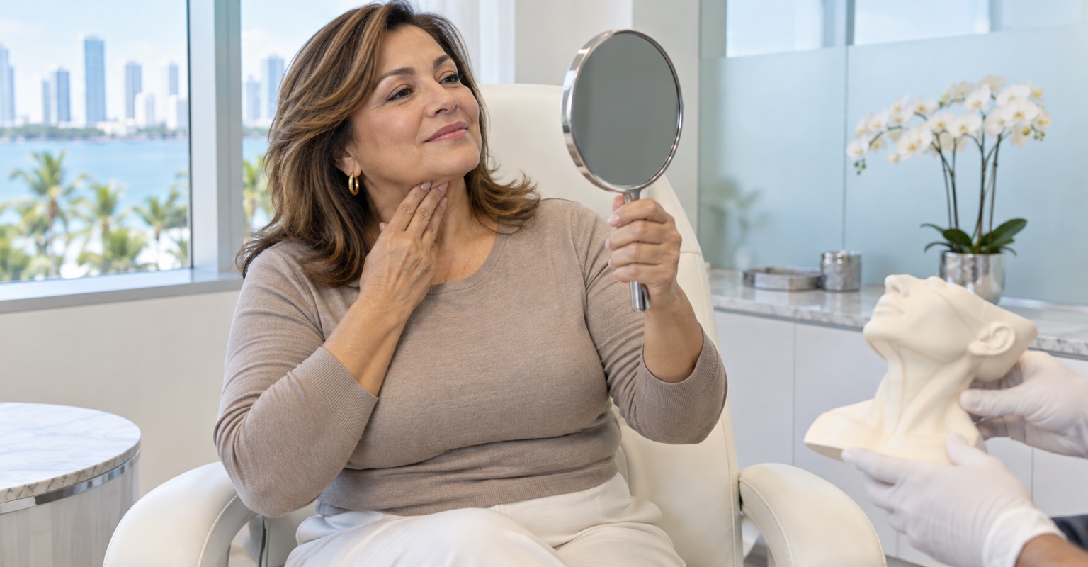 Adult woman considering realistic outcomes for neck lift in a Miami consultation suite