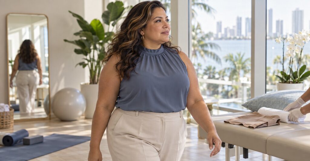 Adult woman considering the timeline of liposuction and body contouring in a Miami recovery studio
