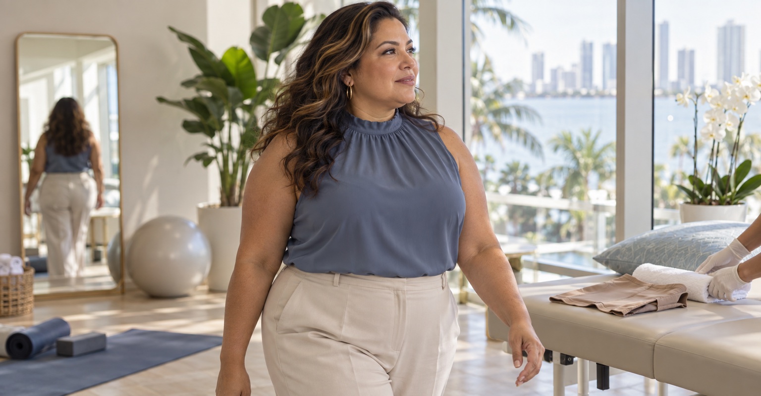 Adult woman considering the timeline of liposuction and body contouring in a Miami recovery studio