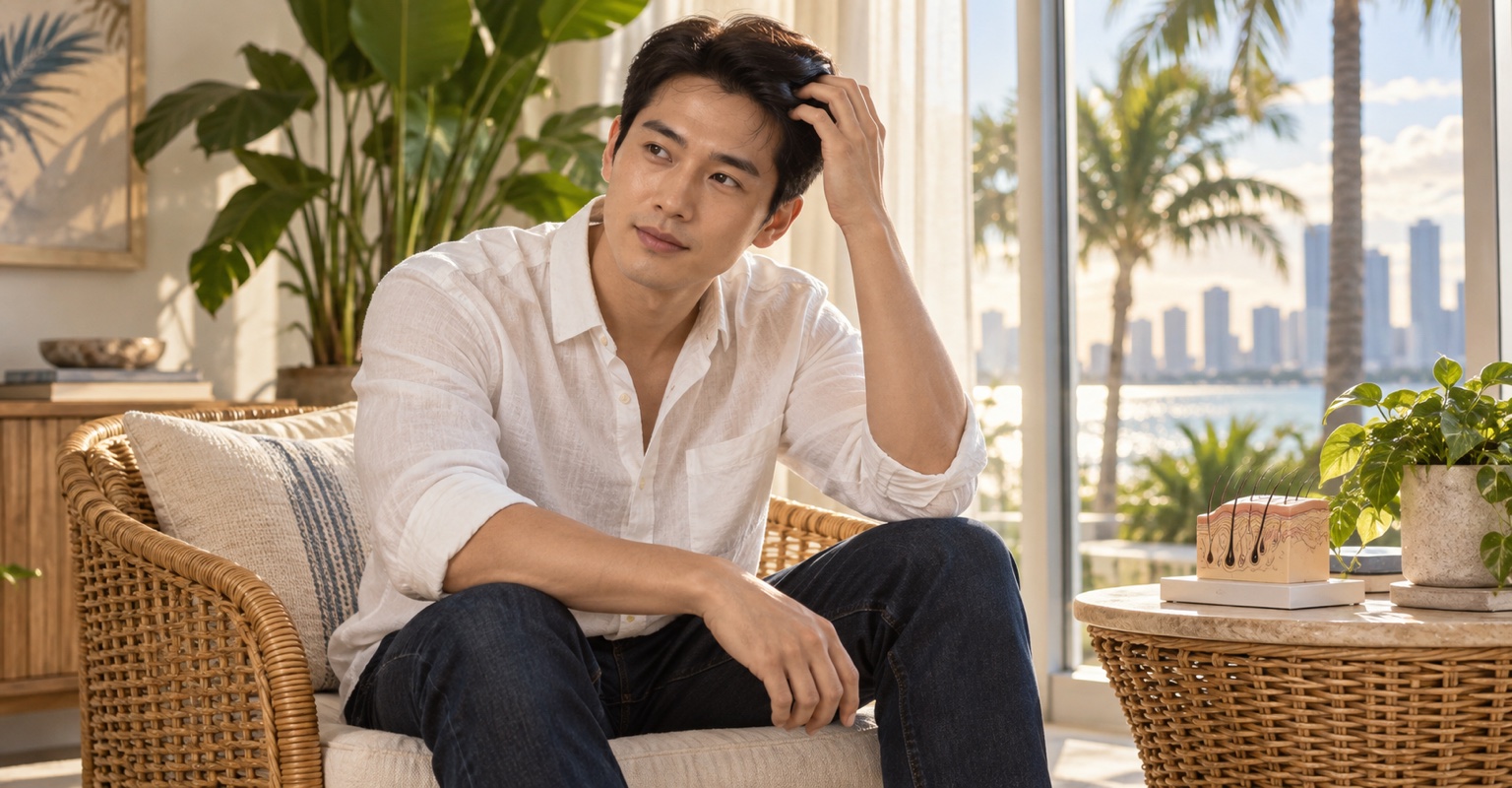 Adult man considering hair restoration in a tropical Miami sunroom