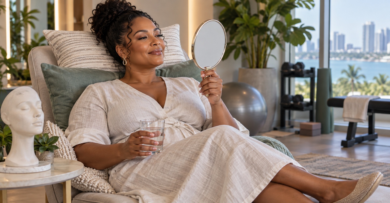 Adult woman following a recovery routine after neck lift in a Miami wellness studio