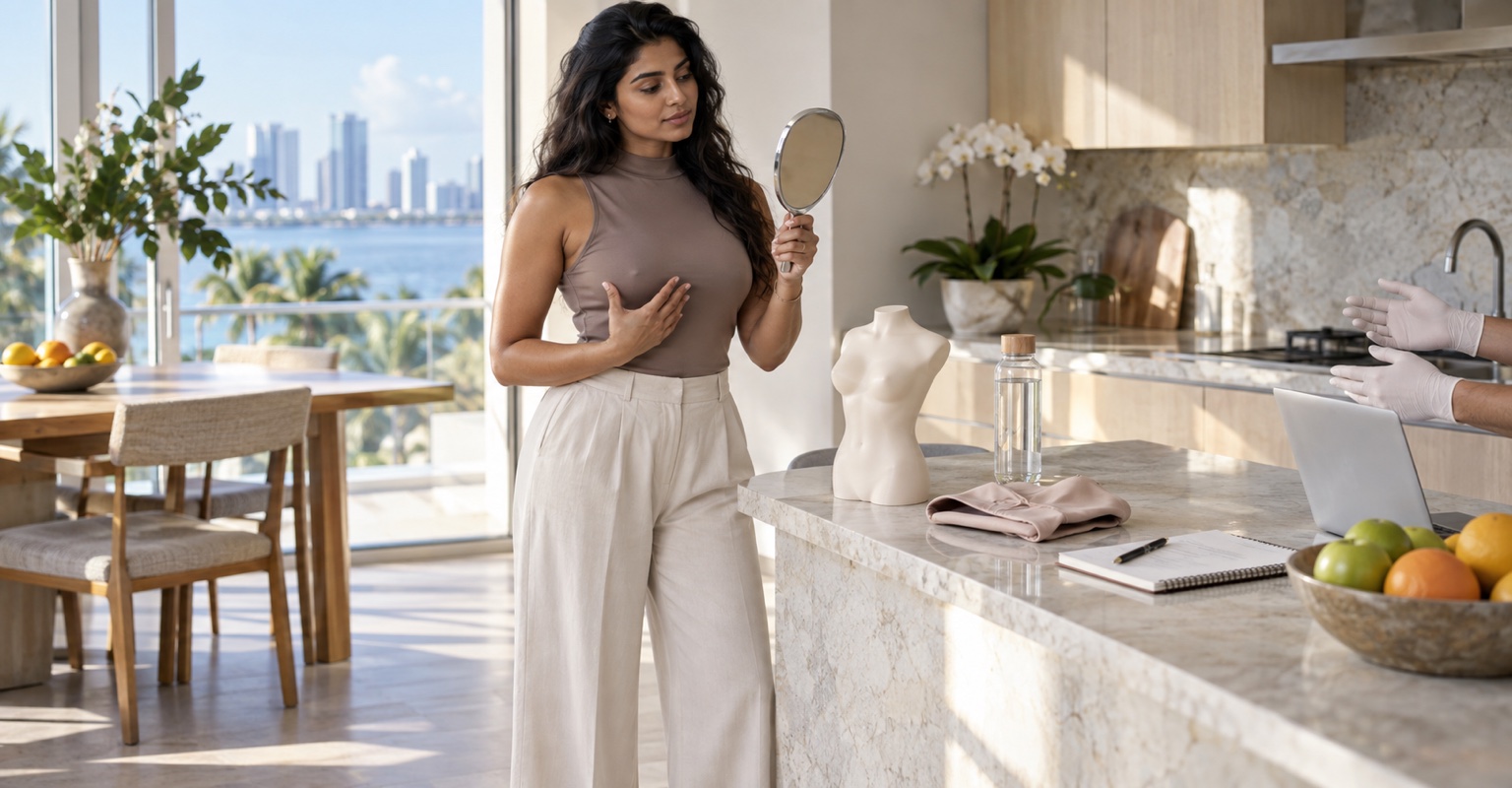 Adult woman considering candidacy for breast lift and shape correction in a sunlit Miami kitchen